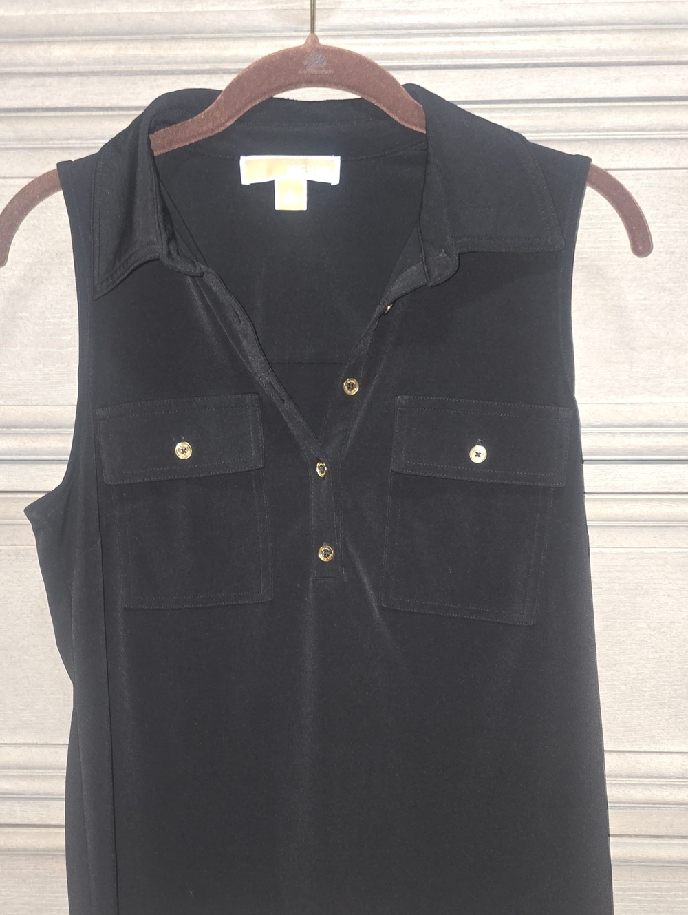 Michael Kors Black Sleeveless Collared Tank with Gold-Trim Label
